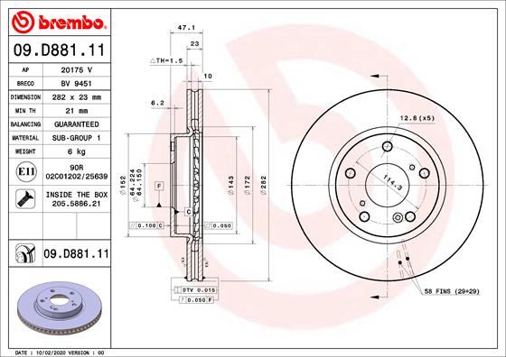 Диск тормозной передний honda civic x седан/ BREMBO 09.D881.11