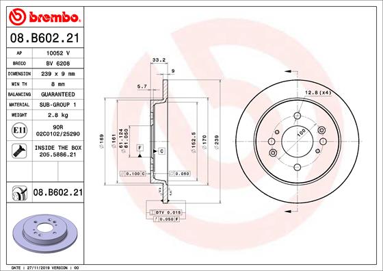 Диск тормозной задний BREMBO 08.B602.21