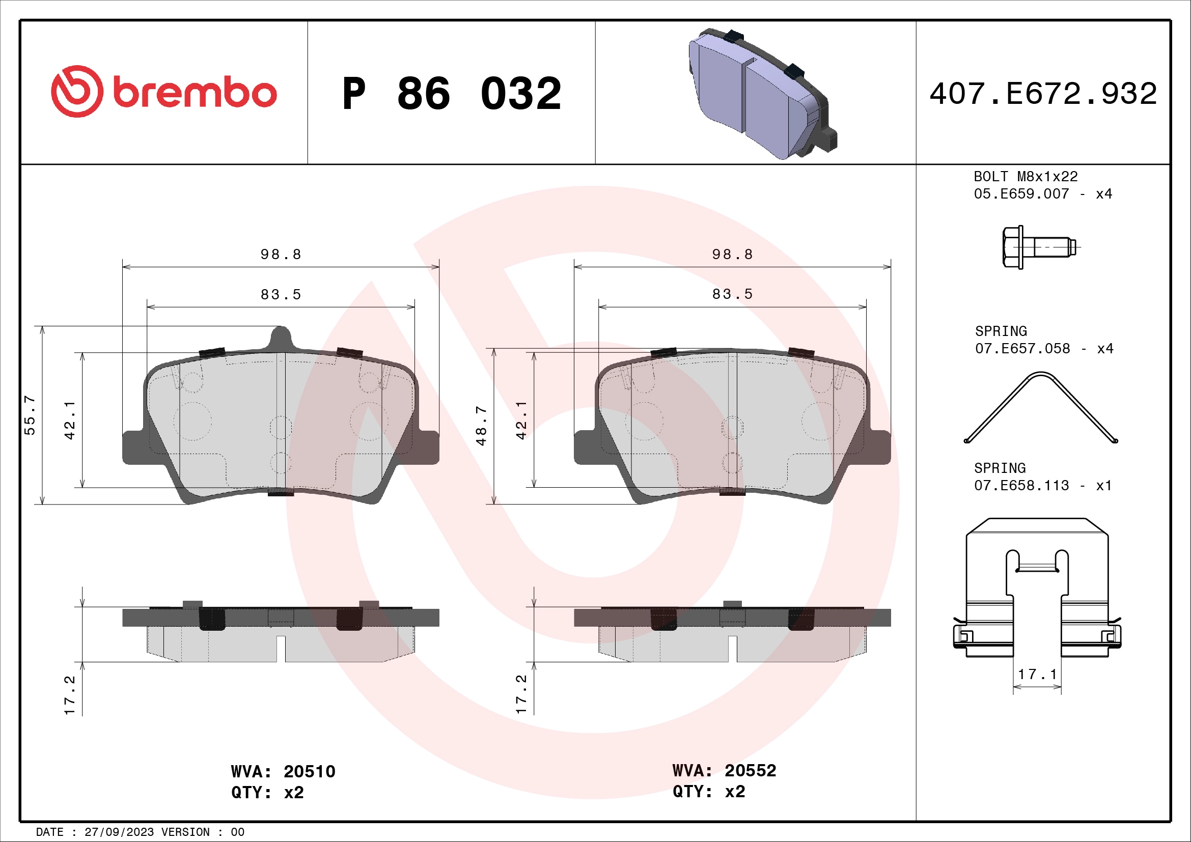 Колодки тормозные дисковые задн volvo xc40 18- BREMBO P86032