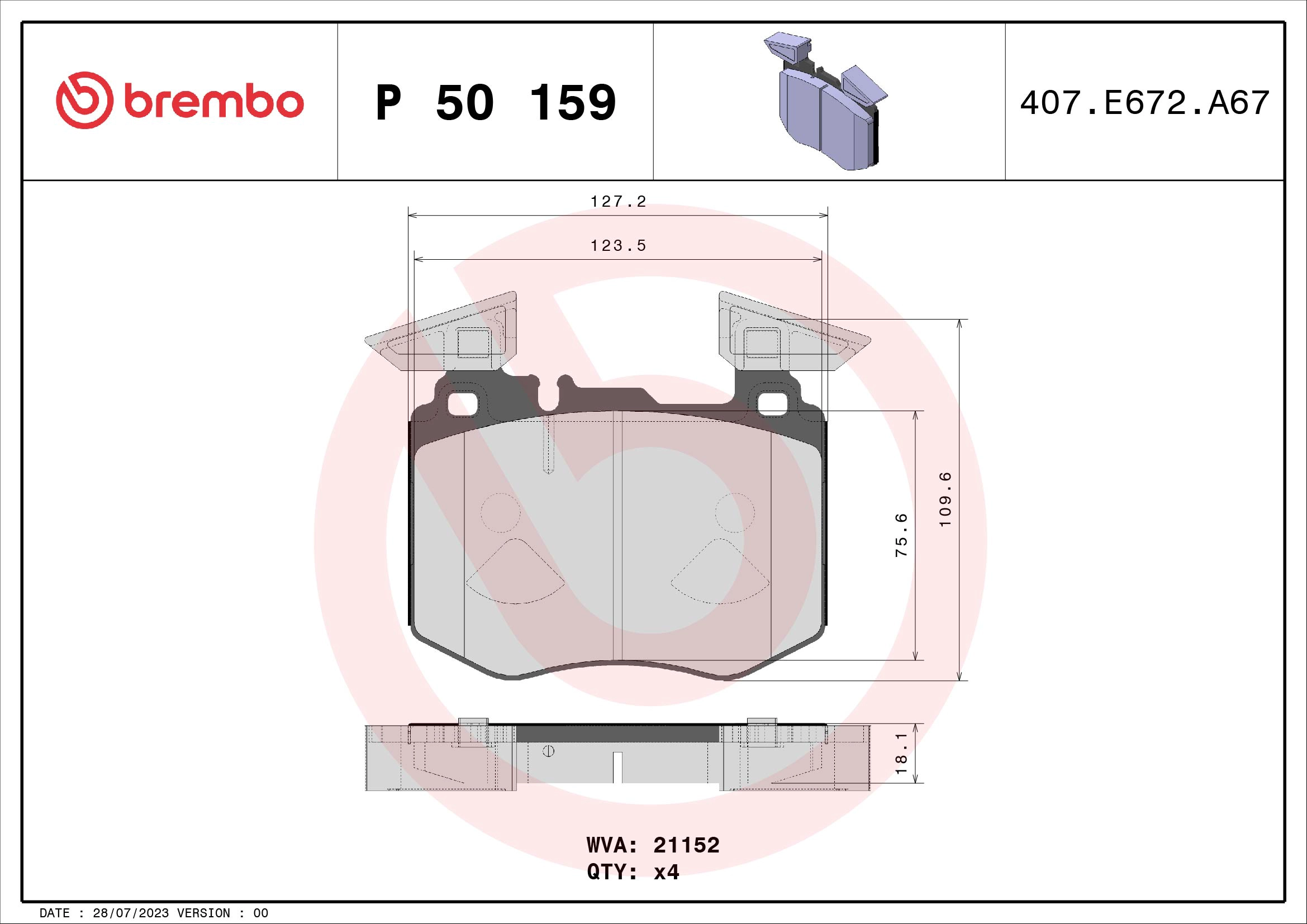 Колодки тормозные дисковые комплект BREMBO P50159