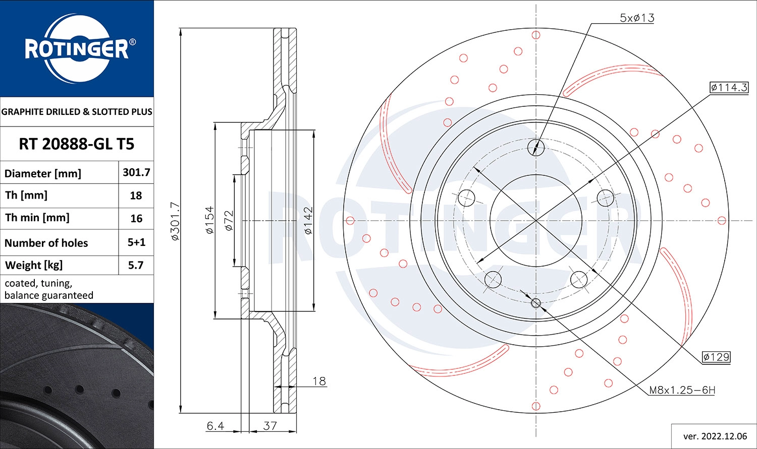 Rt 20888-gl t5 диск тормозной графитовый с перфорацией и насечками ROTINGER RT 20888-GL T5