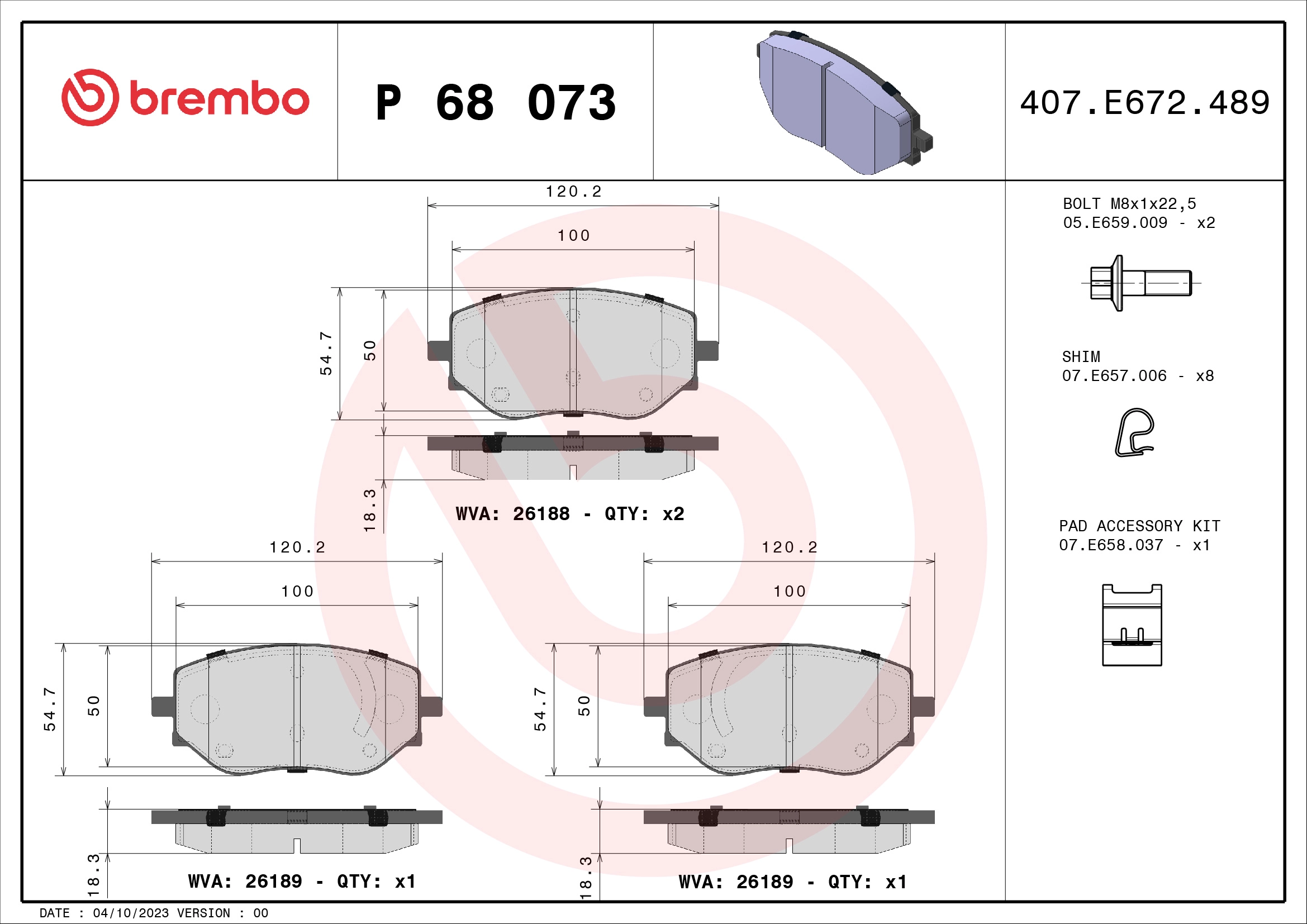 Колодки тормозные дисковые комплект BREMBO P68073