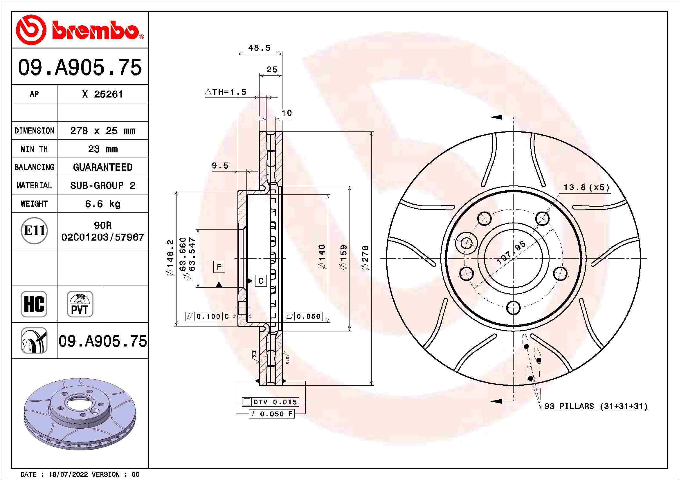 Диск тормозной volvo v40 cross country (526) t5 2013-2015 BREMBO 09.A905.75