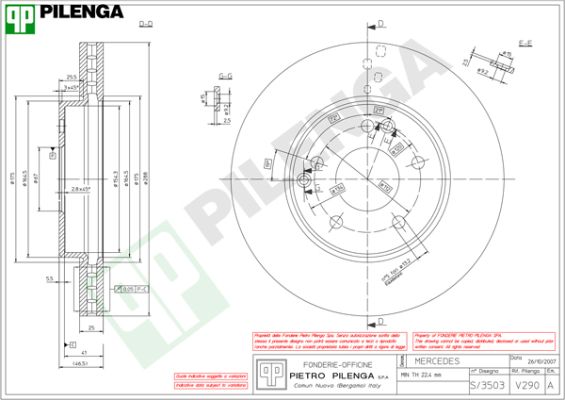 Диск тормозной PILENGA V290