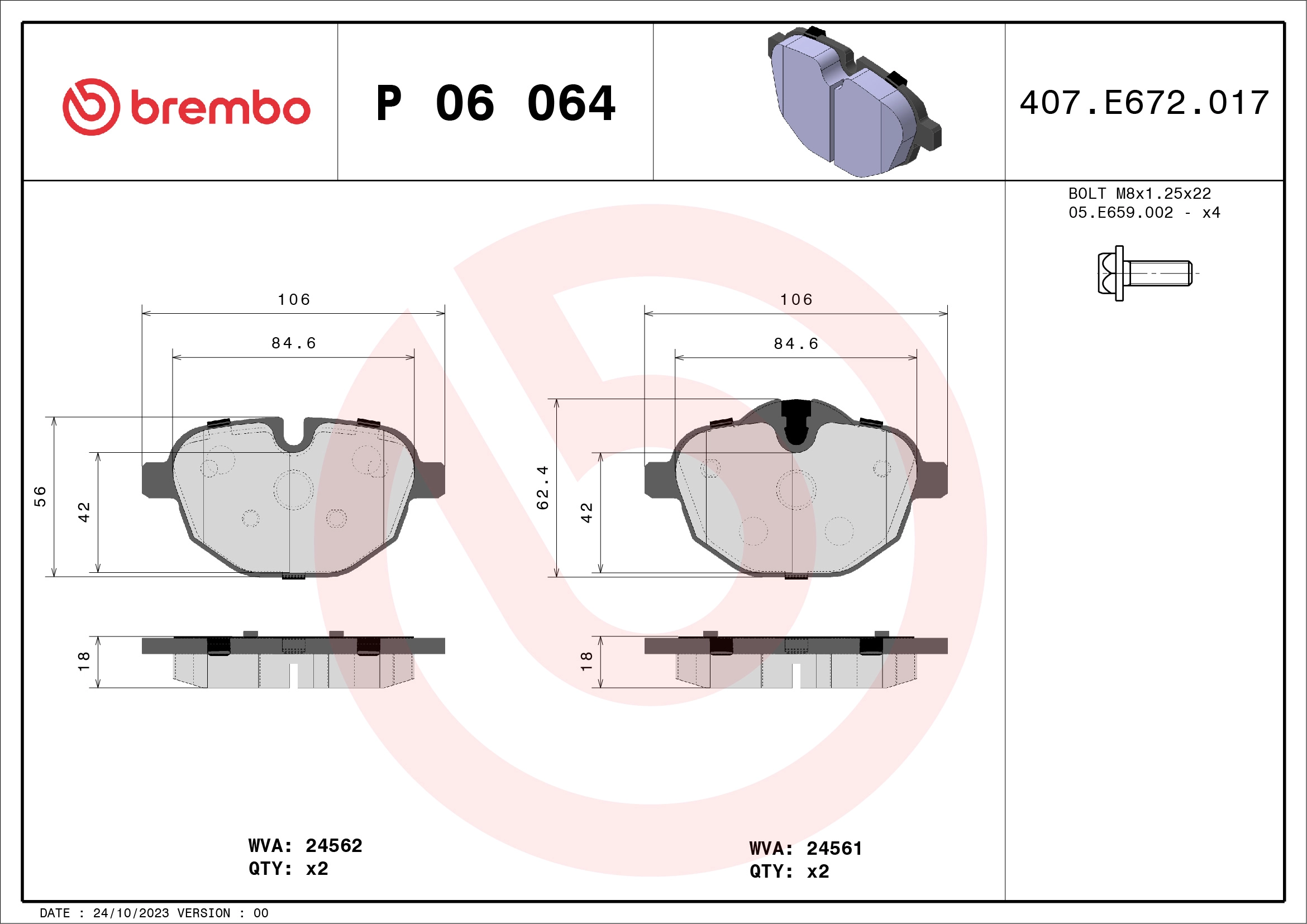 Колодки тормозные дисковые BREMBO P06064X