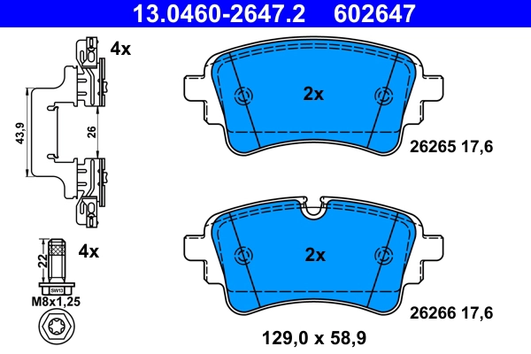 Комплект тормозных колодок зад audi a4/a5/a6/a7/q5/q7 vw tuareg 2016 ATE 13.0460-2647.2