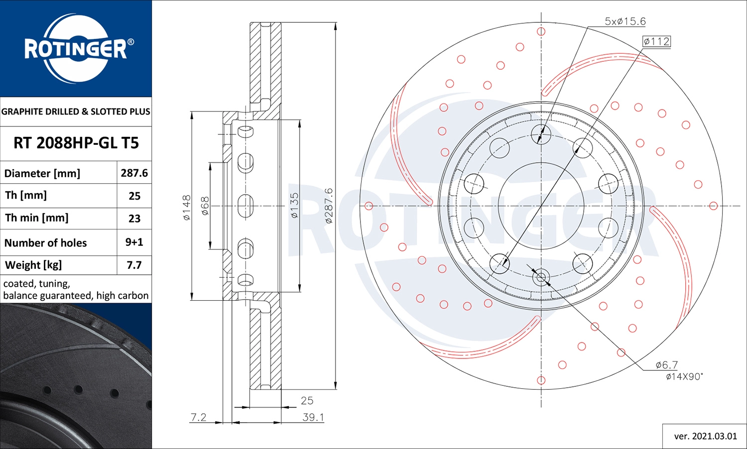 Тормозной диск graphite drilled slotted plus ROTINGER RT 2088HP-GL T5
