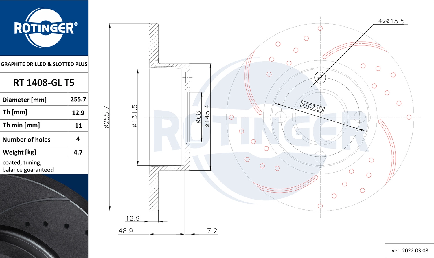 Тормозной диск graphite drilled slotted plus ROTINGER RT 1408-GL T5