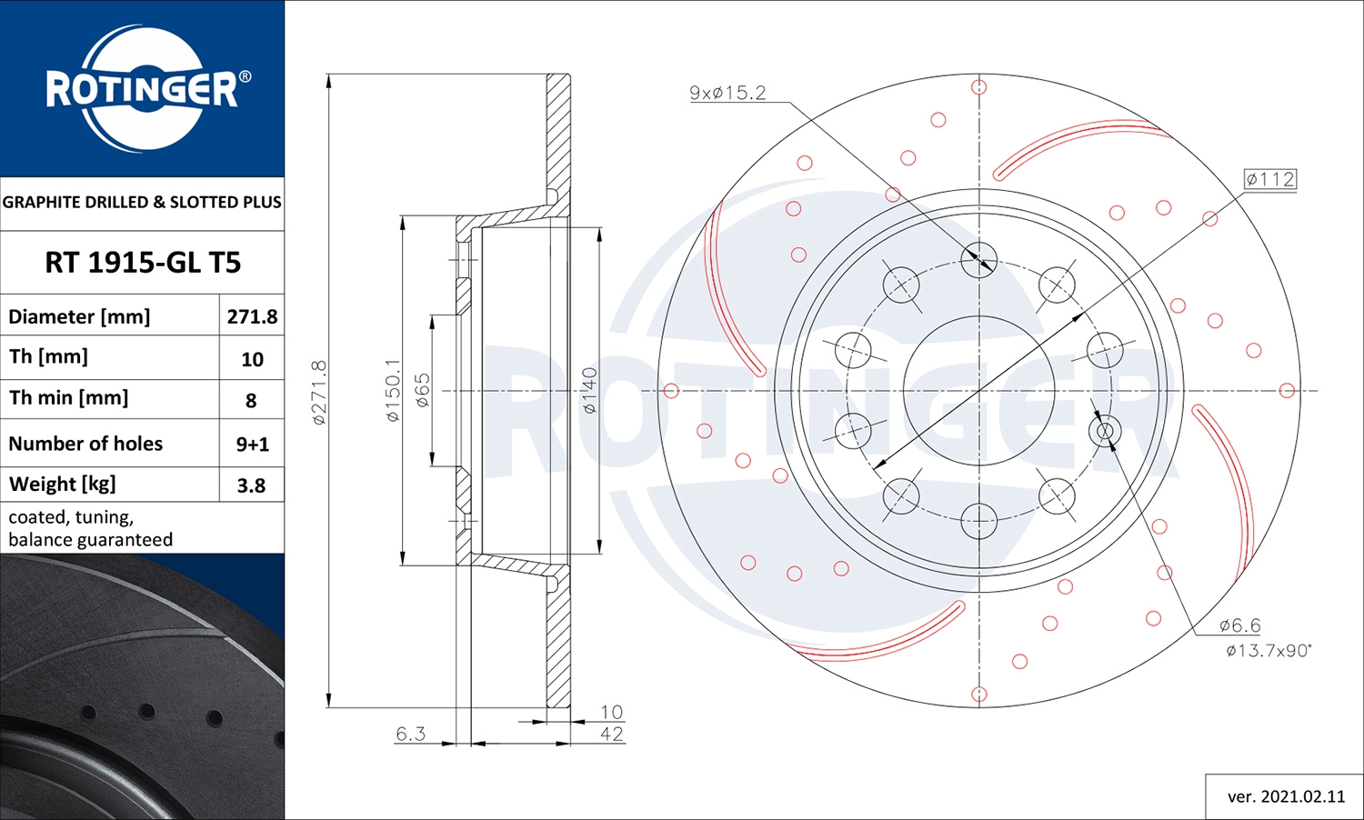 Тормозной диск graphite drilled slotted plus ROTINGER RT 1915-GL T5