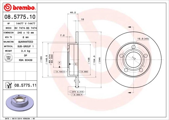 Тормозной диск prime line BREMBO 08.5775.10