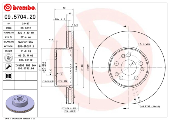 Тормозной диск prime line BREMBO 09.5704.20