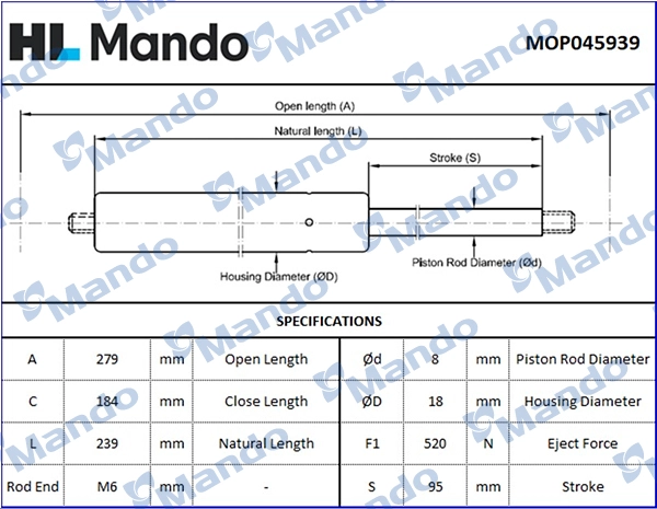 Газовая пружина крышка багажник MANDO MOP045939