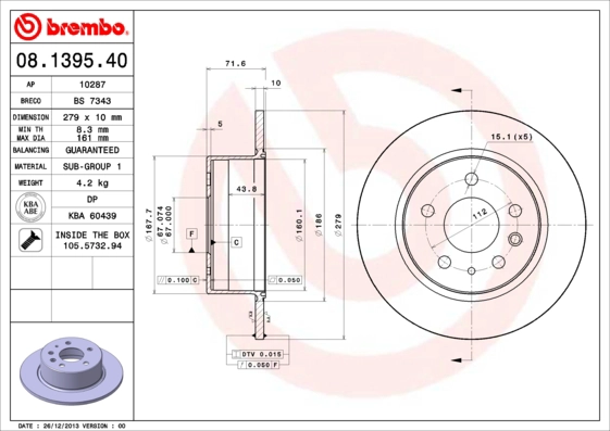 Тормозной диск prime line BREMBO 08.1395.40