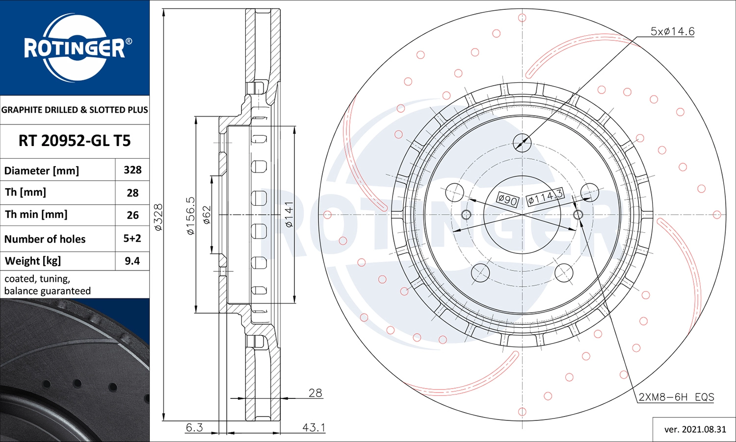 Тормозной диск graphite drilled slotted plus ROTINGER RT 20952-GL T5