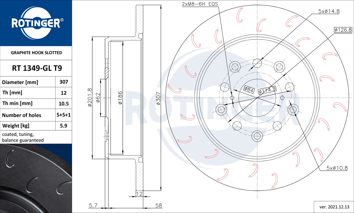 Тормозной диск graphite hook slotted ROTINGER RT 1349-GL T9