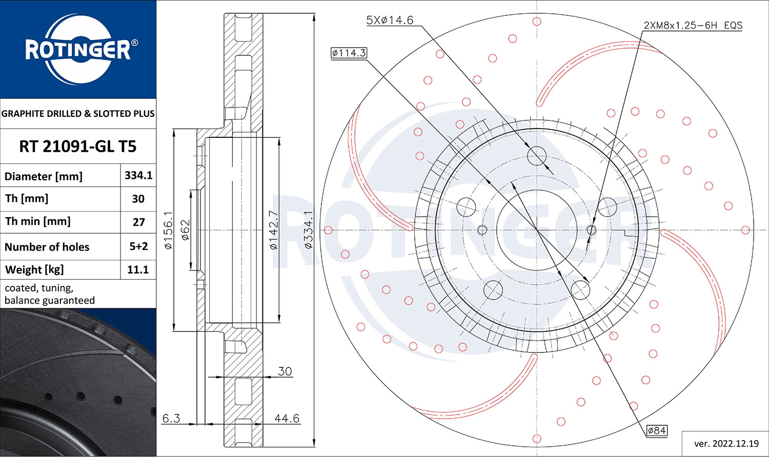 Тормозной диск graphite drilled slotted plus ROTINGER RT 21091-GL T5