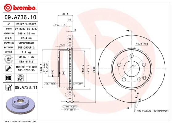Тормозной диск prime line BREMBO 09.A736.10