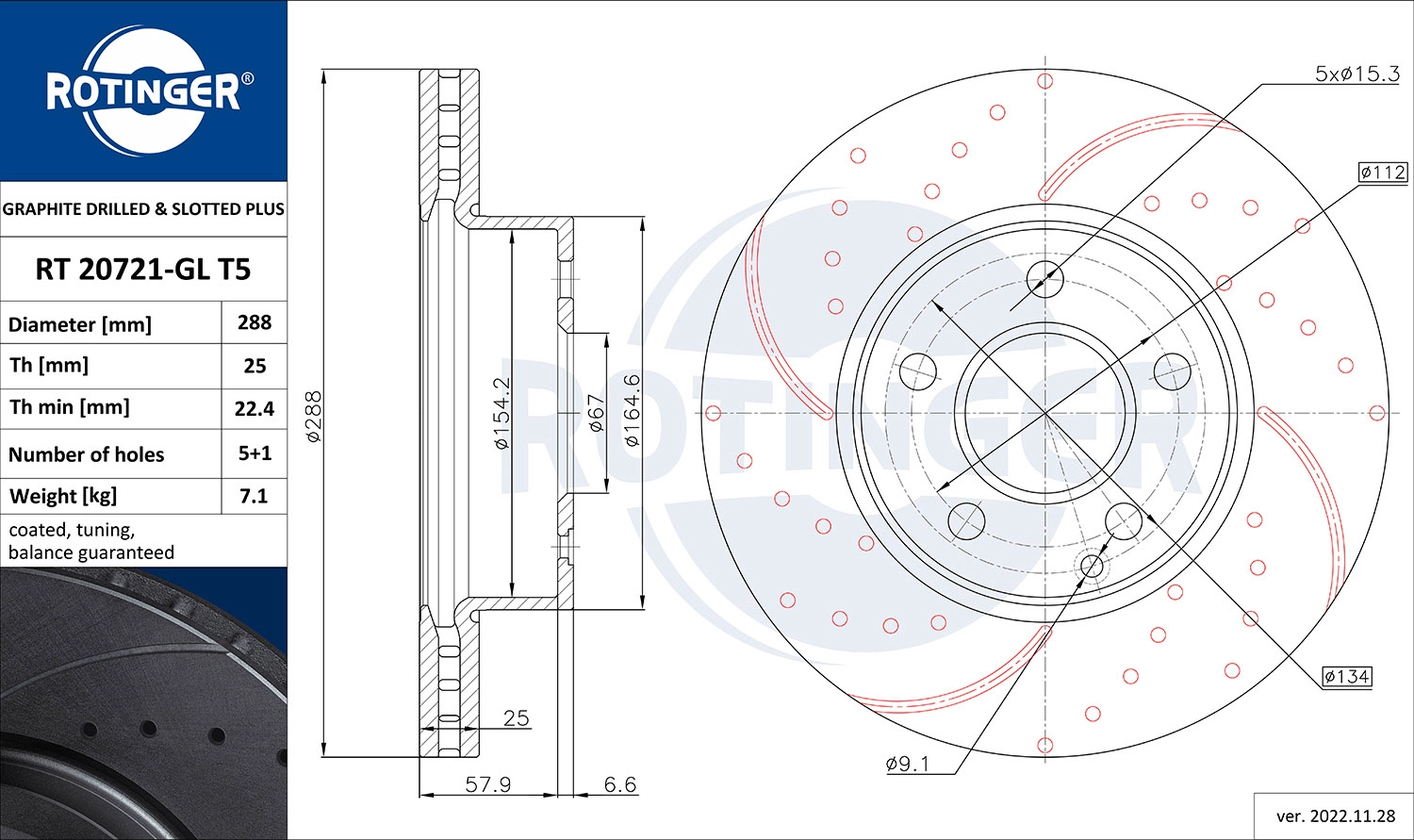 Тормозной диск graphite drilled slotted plus ROTINGER RT 20721-GL T5