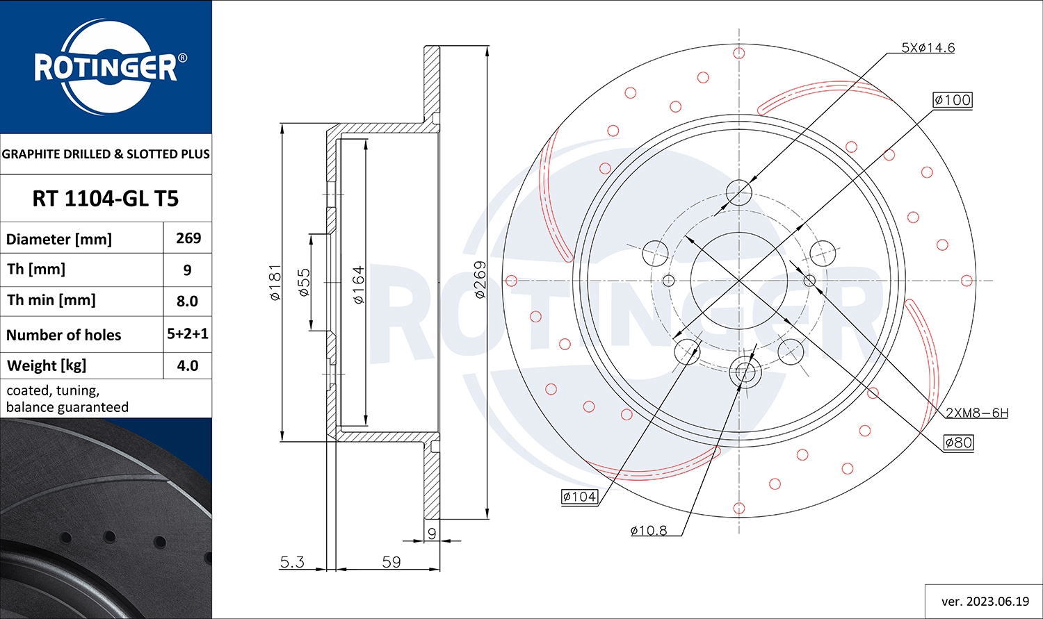 Тормозной диск graphite drilled slotted plus ROTINGER RT 1104-GL T5