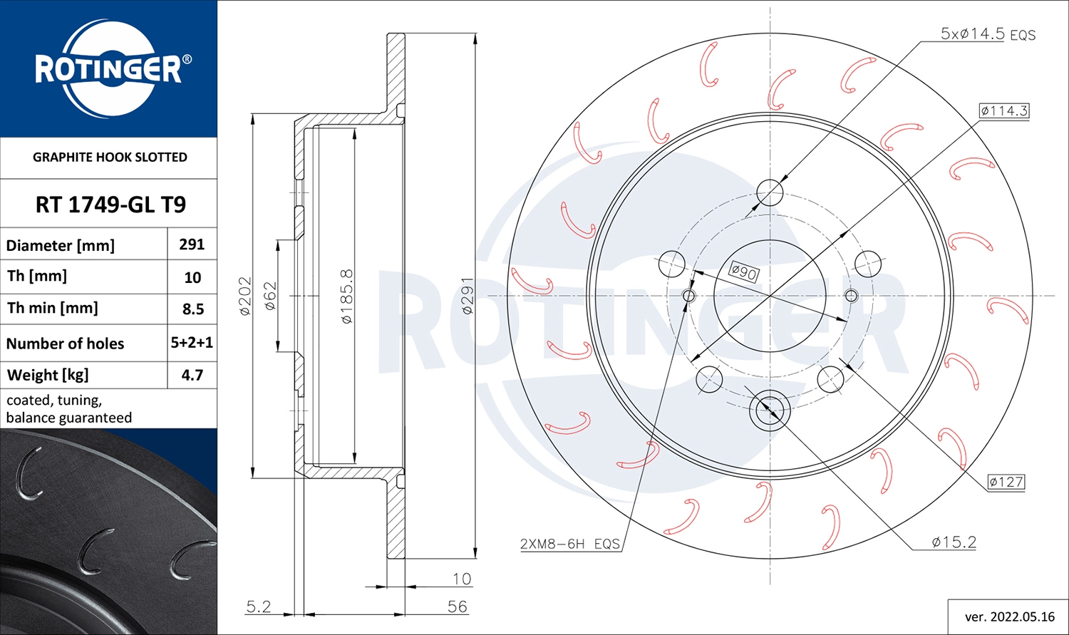 Тормозной диск graphite hook slotted ROTINGER RT 1749-GL T9