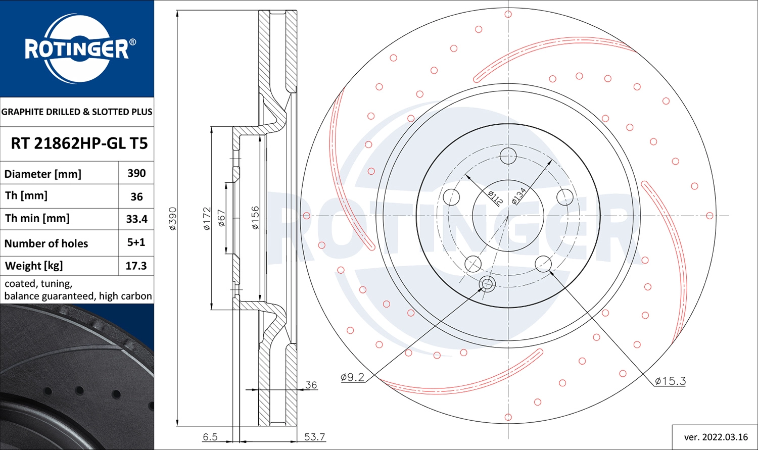 Тормозной диск graphite drilled slotted plus ROTINGER RT 21862HP-GL T5