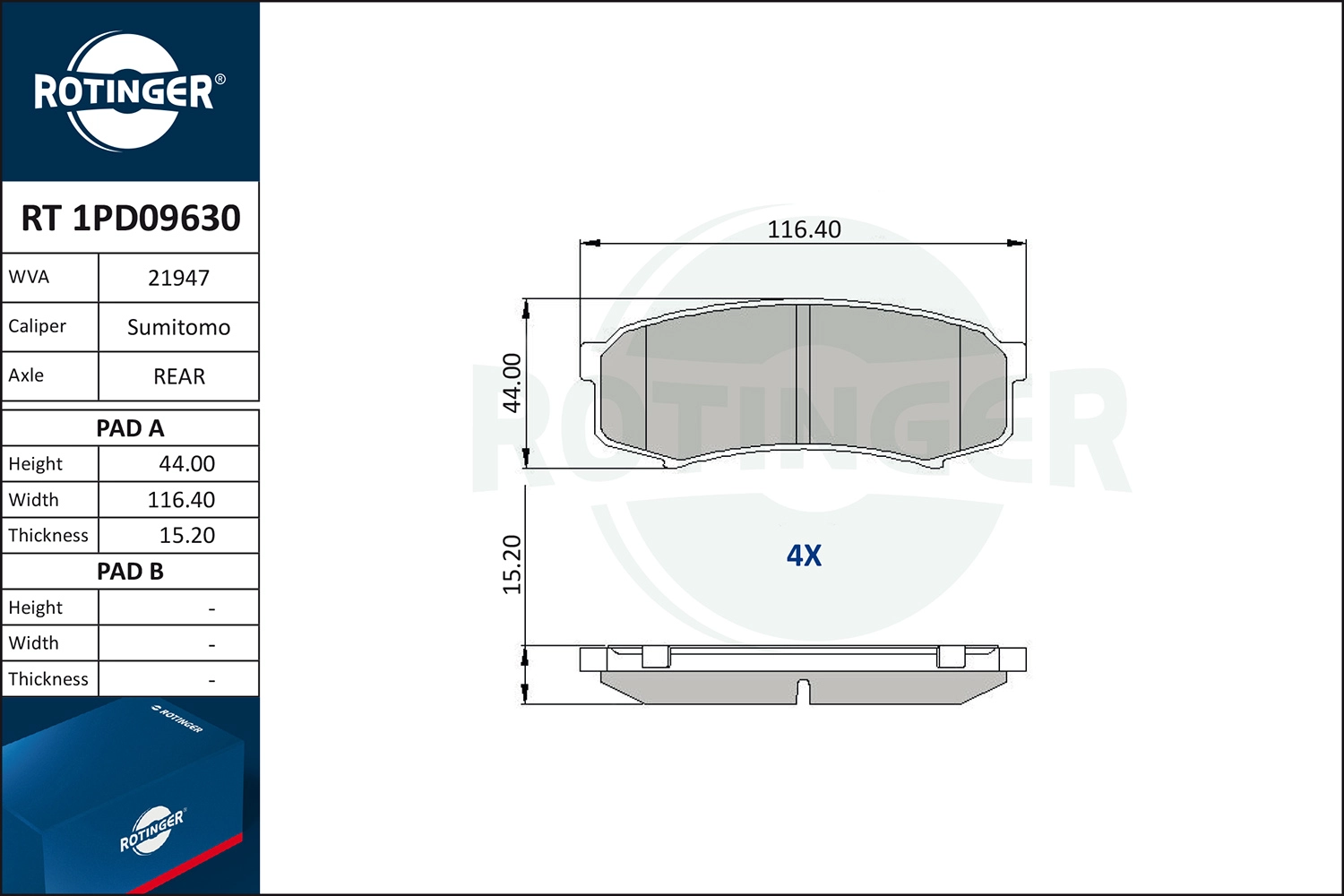 Комплект тормозных колодок дисковый тормоз ROTINGER RT 1PD09630