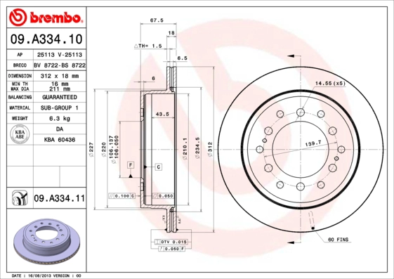 Тормозной диск prime line BREMBO 09.A334.10