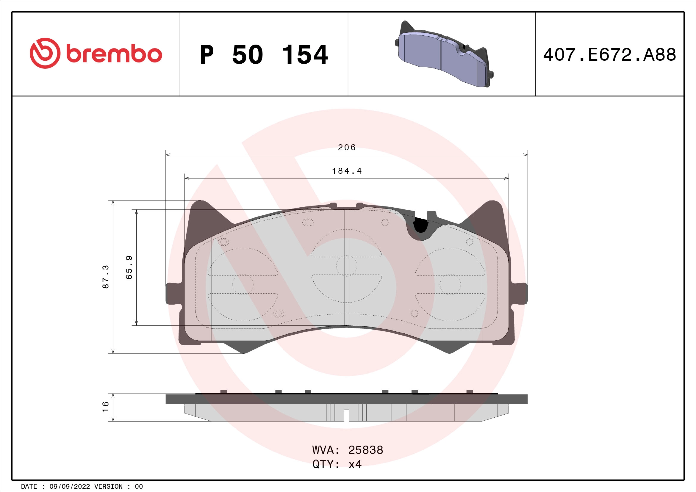 Комплект тормозных колодок дисковый тормоз prime line BREMBO P 50 154