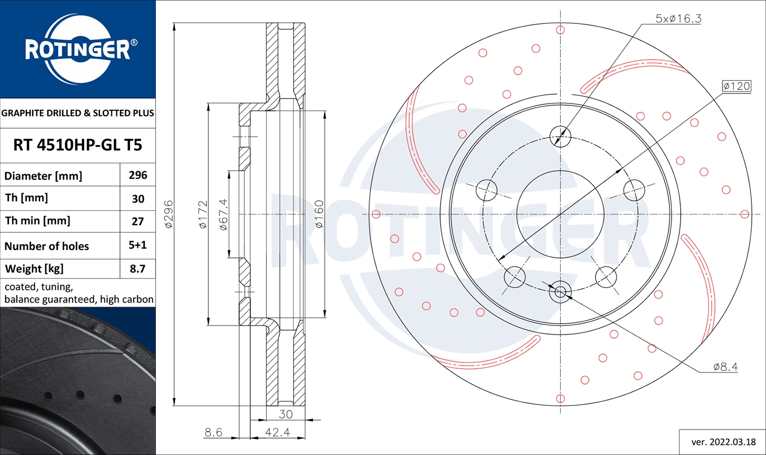 Тормозной диск graphite drilled slotted plus ROTINGER RT 4510HP-GL T5