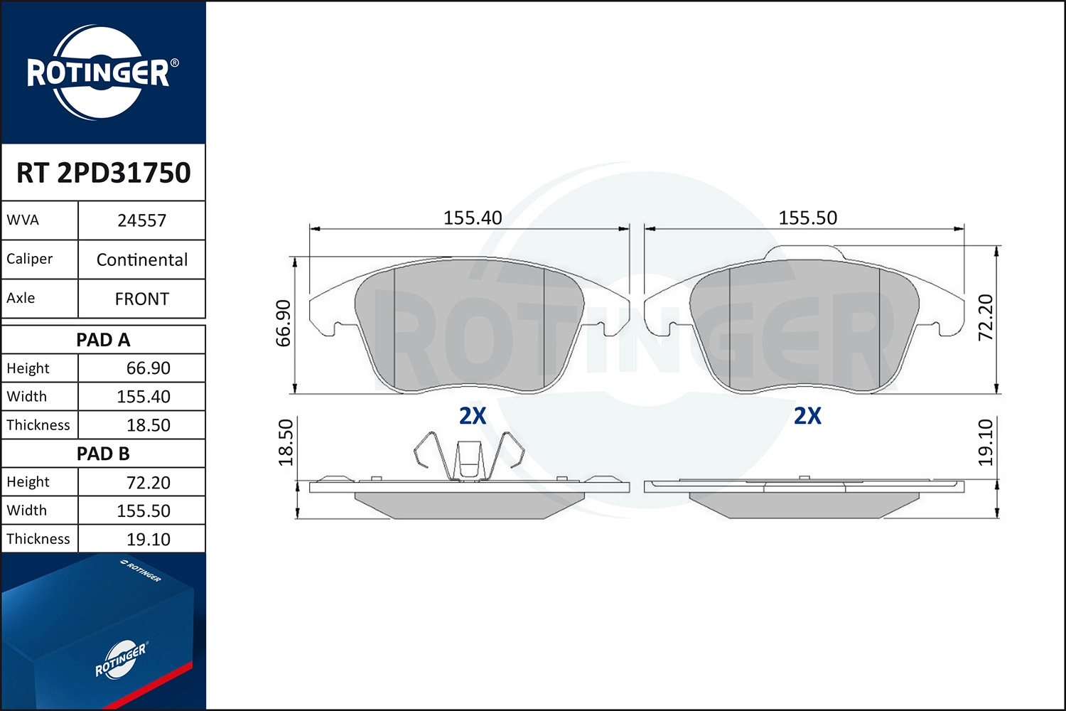 Комплект тормозных колодок дисковый тормоз ROTINGER RT 2PD31750