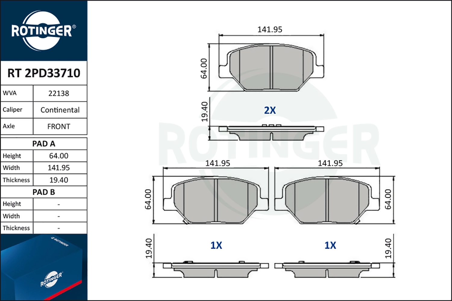 Комплект тормозных колодок дисковый тормоз ROTINGER RT 2PD33710