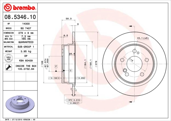Тормозной диск prime line BREMBO 08.5346.10