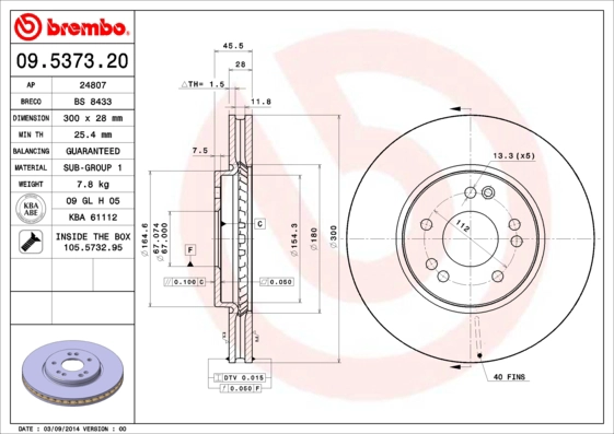 Тормозной диск prime line BREMBO 09.5373.20