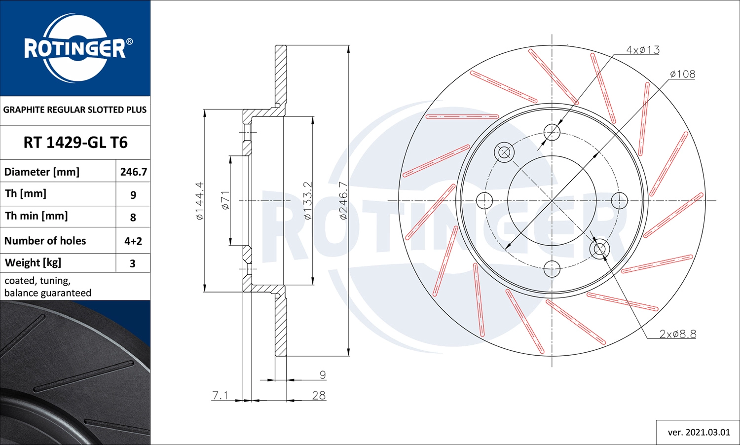 Тормозной диск graphite regular slotted plus ROTINGER RT 1429-GL T6