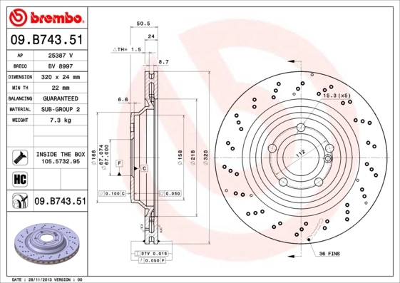 Тормозной диск prime line - uv coated BREMBO 09.B743.51