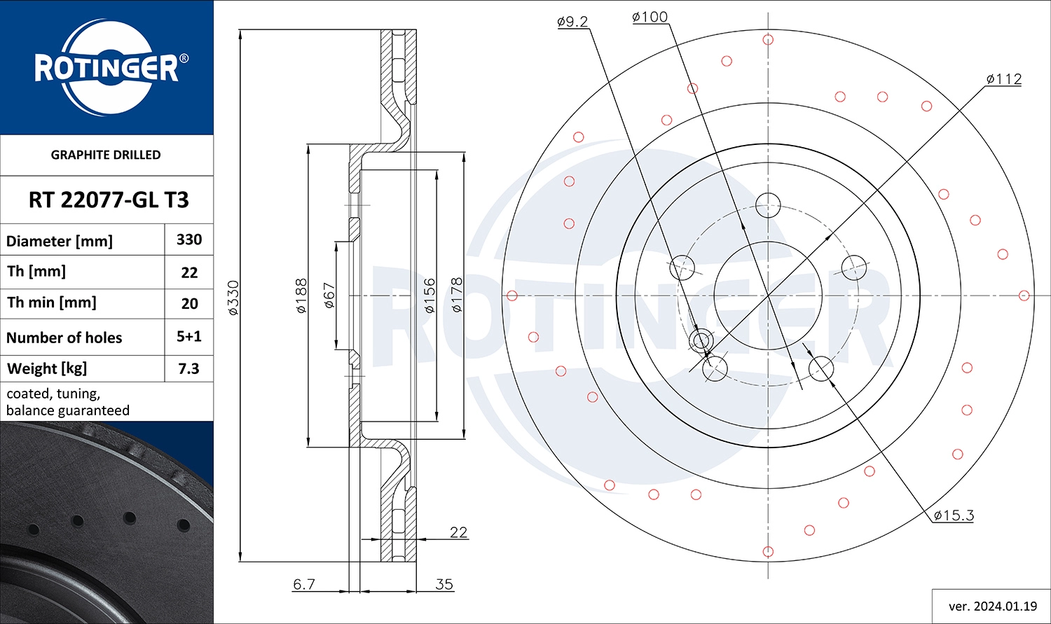 Тормозной диск graphite drilled ROTINGER RT 22077-GL T3