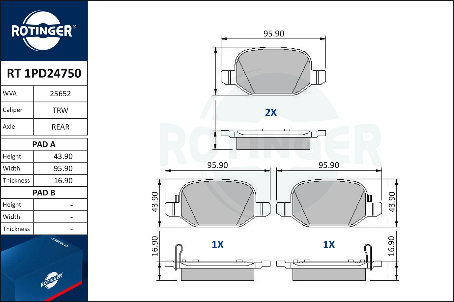Комплект тормозных колодок дисковый тормоз ROTINGER RT 1PD24750