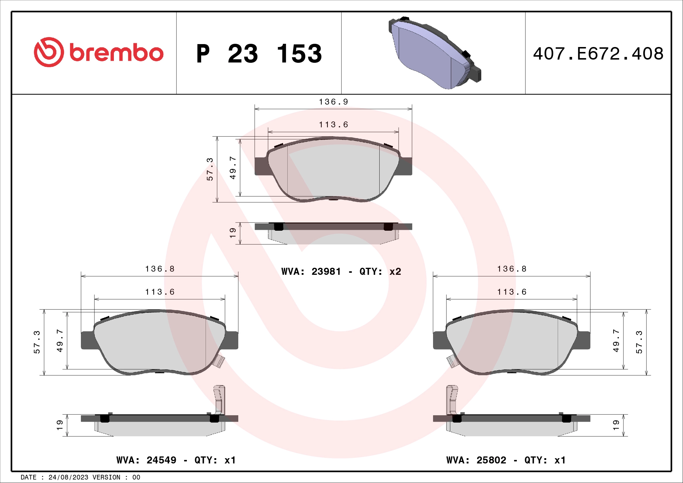 Комплект тормозных колодок дисковый тормоз prime line BREMBO P 23 153