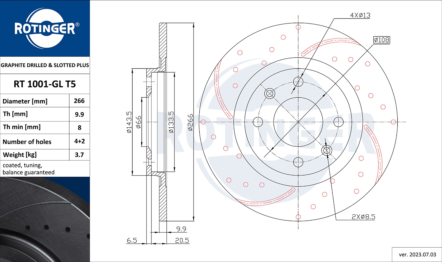 Тормозной диск graphite drilled slotted plus ROTINGER RT 1001-GL T5