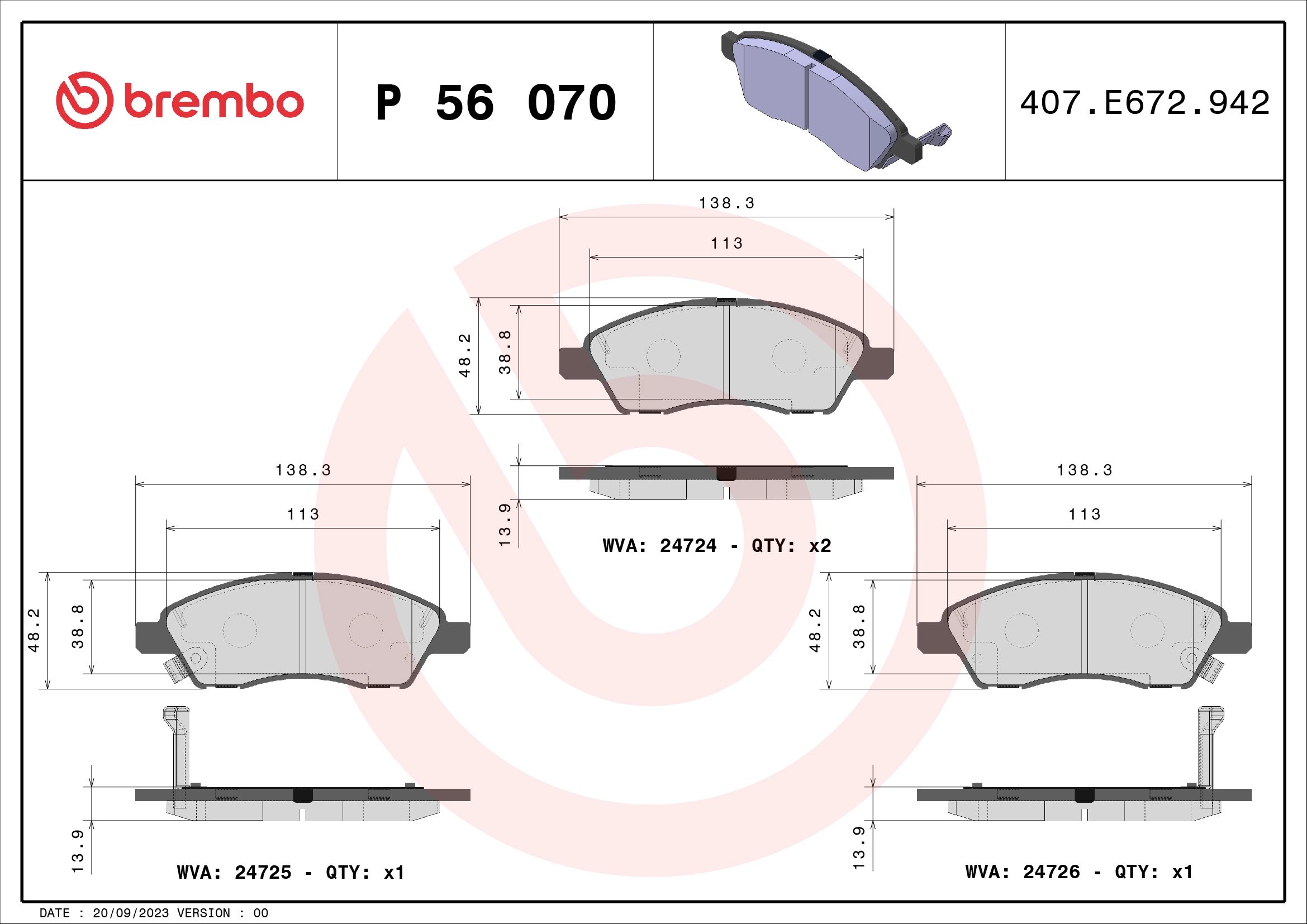Комплект тормозных колодок дисковый тормоз BREMBO P 56 070