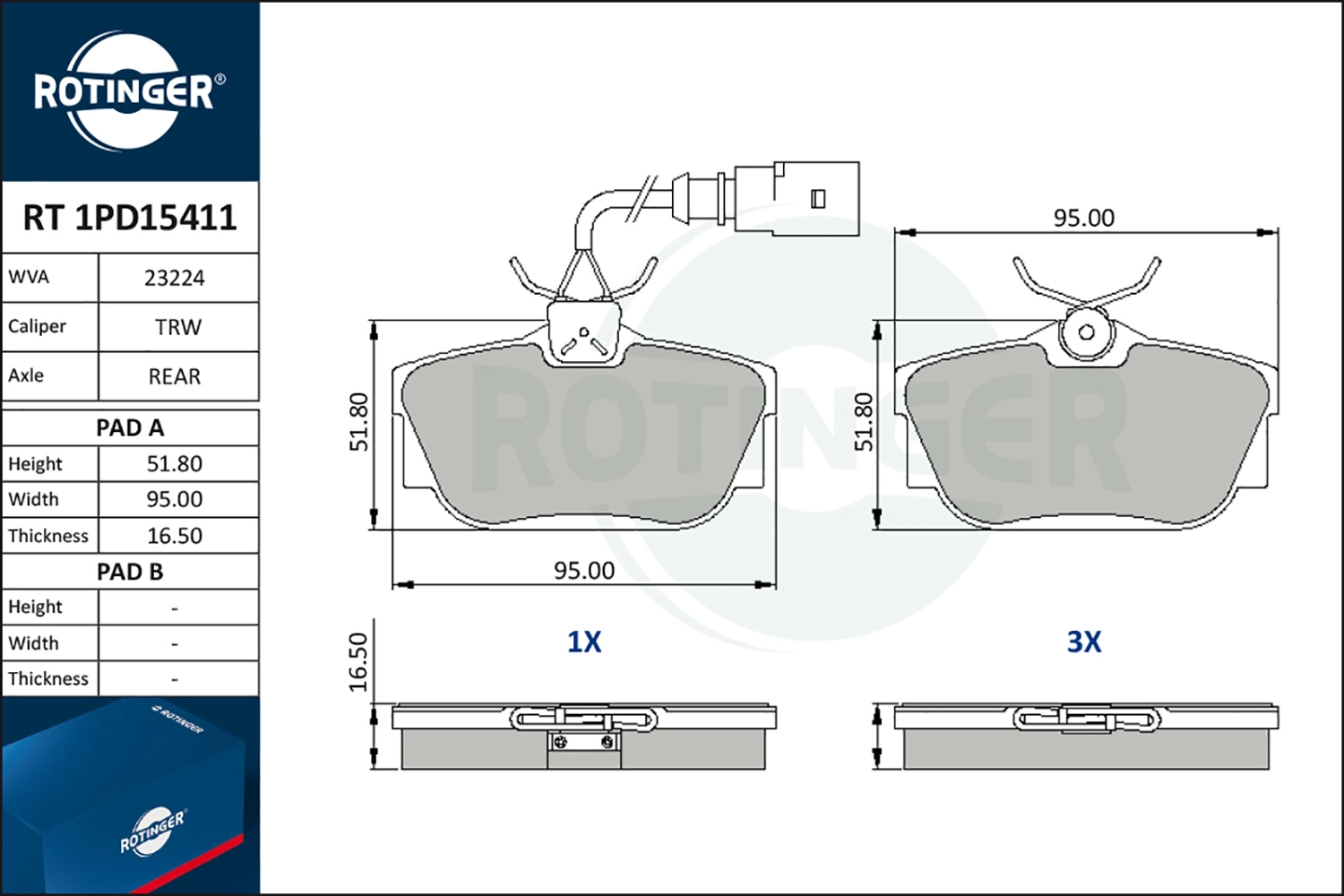 Комплект дисковых тормозных колодок с датчиком износа ROTINGER rt1pd15411