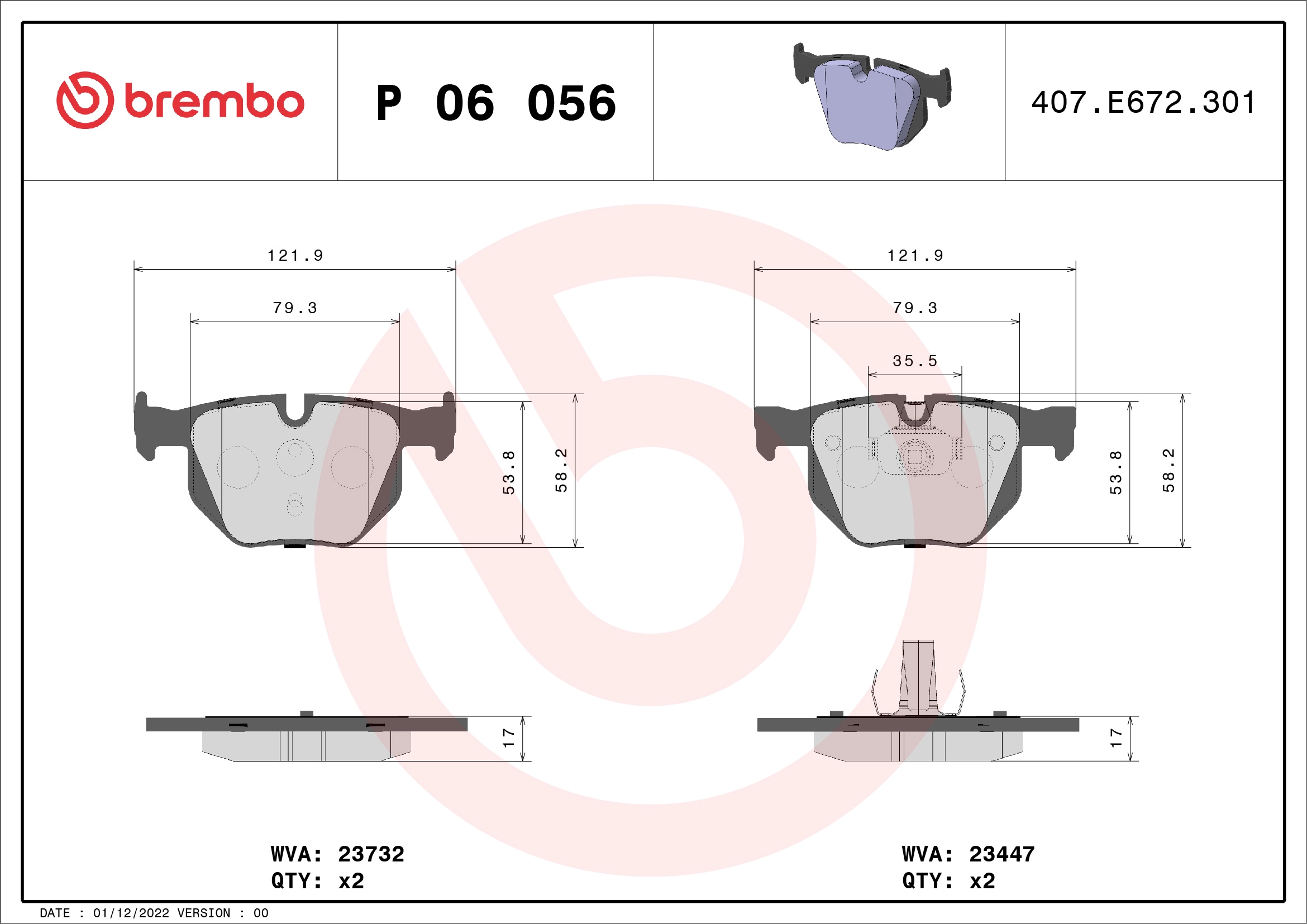Комплект тормозных колодок дисковый тормоз BREMBO P 06 056X