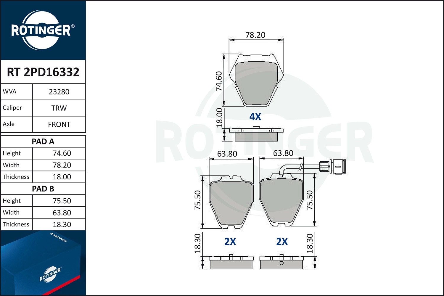 Комплект тормозных колодок дисковый тормоз ROTINGER RT2PD16332