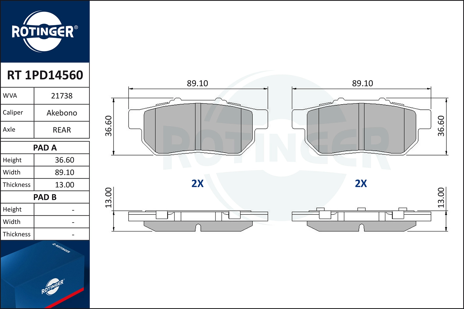 Комплект тормозных колодок дисковый тормоз ROTINGER RT 1PD14560