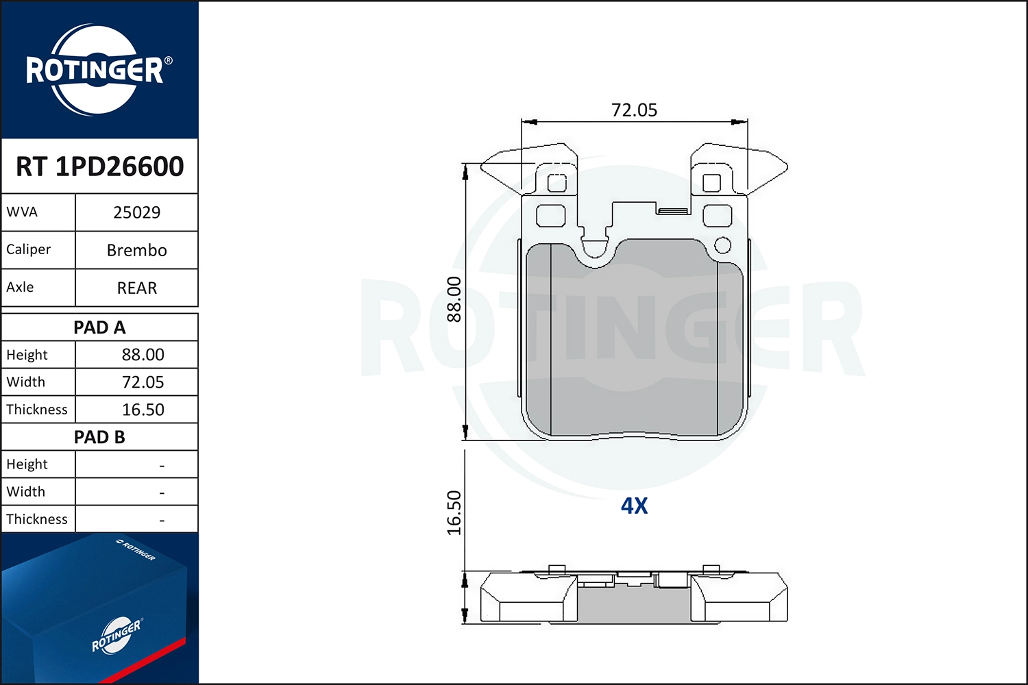 Комплект тормозных колодок дисковый тормоз ROTINGER RT 1PD26600