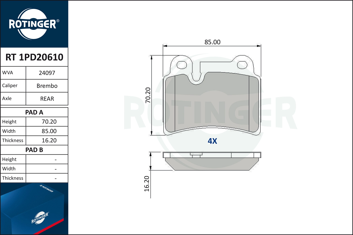 Комплект тормозных колодок дисковый тормоз ROTINGER RT 1PD20610