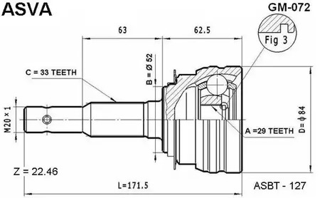 Шрус наружный 29x52x33 ASVA GM-072