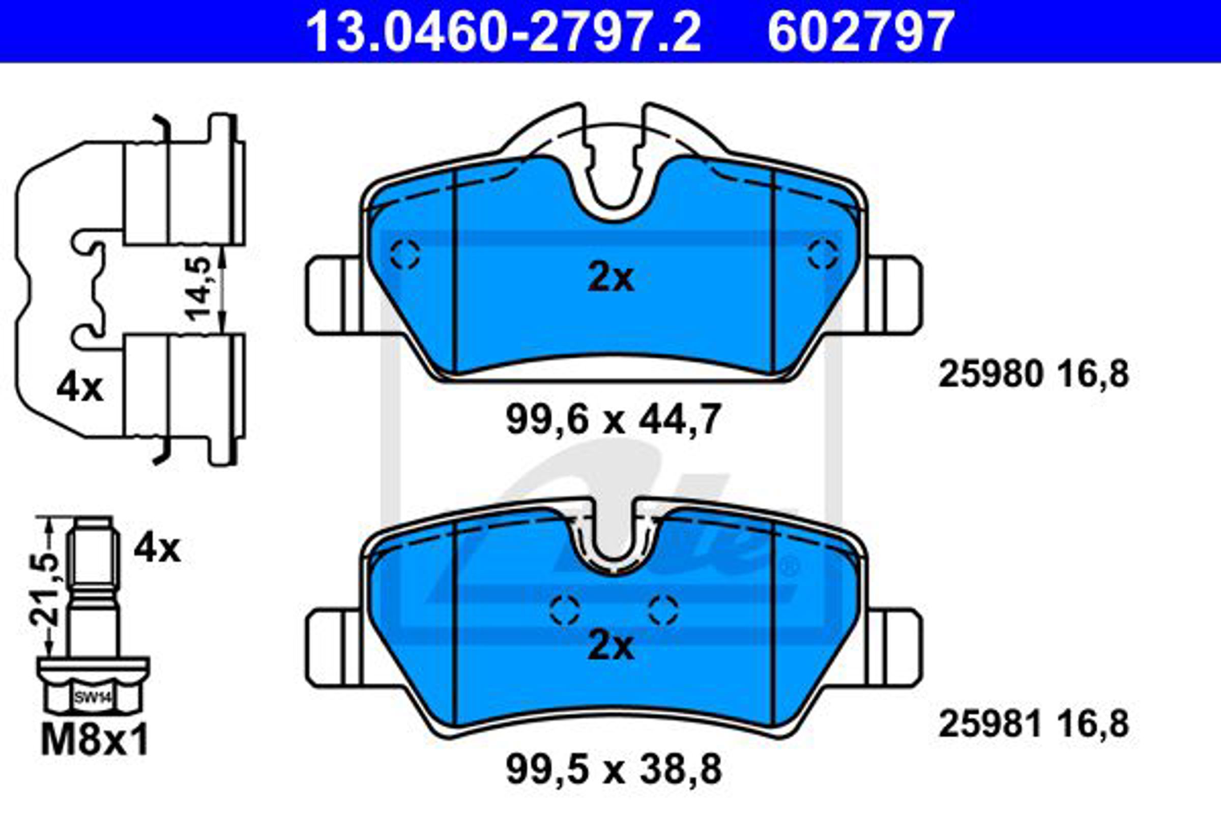 Тормозные колодки задние mini (f55) mini (f56) mini convertible (f57) ATE 13.0460-2797.2