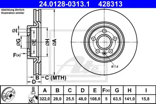 Диск тормозной перед volvo s60 s90 16- ATE 24.0128-0313.1