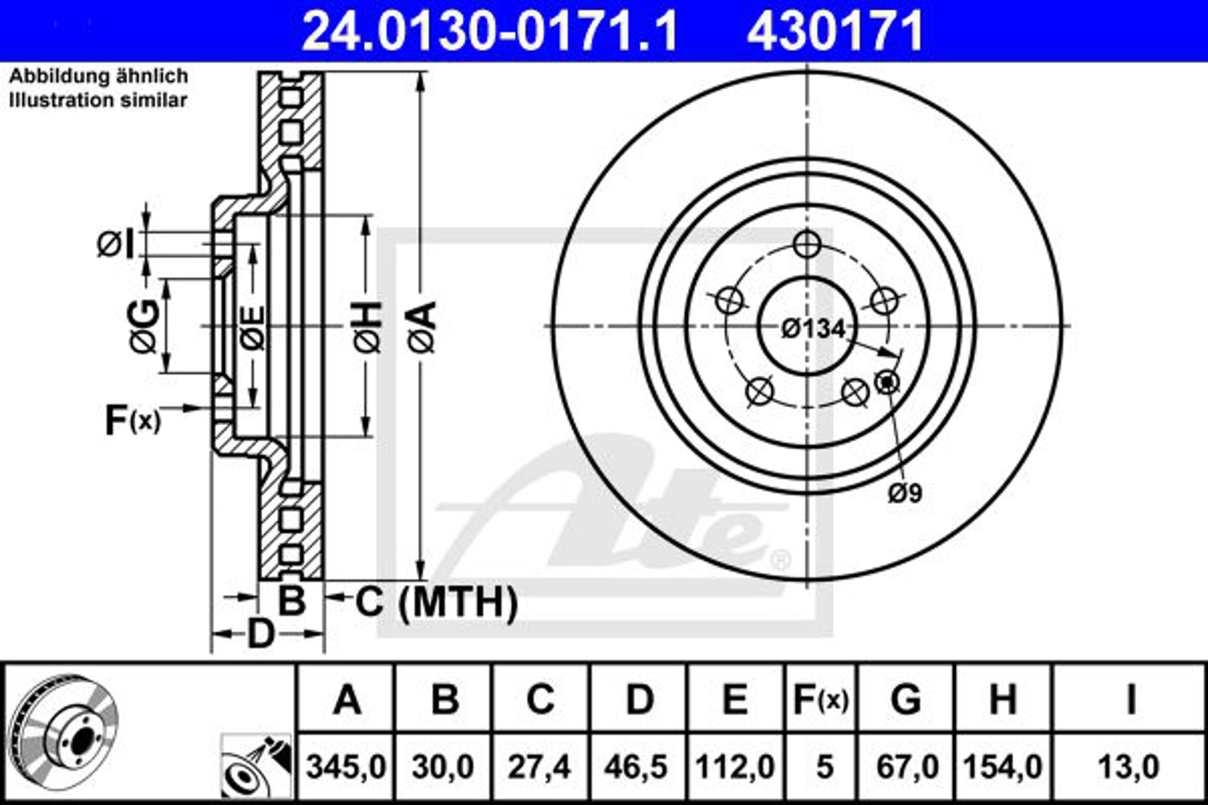 Диск тормозной передн mercedes-benz c-class c 350 4-matic 00-07 c-class t-model c 350 4-matic 01-07 clk 500/500 02-09 clk кабрио clk 500/clk 500 03-10 ATE 24.0130-0171.1
